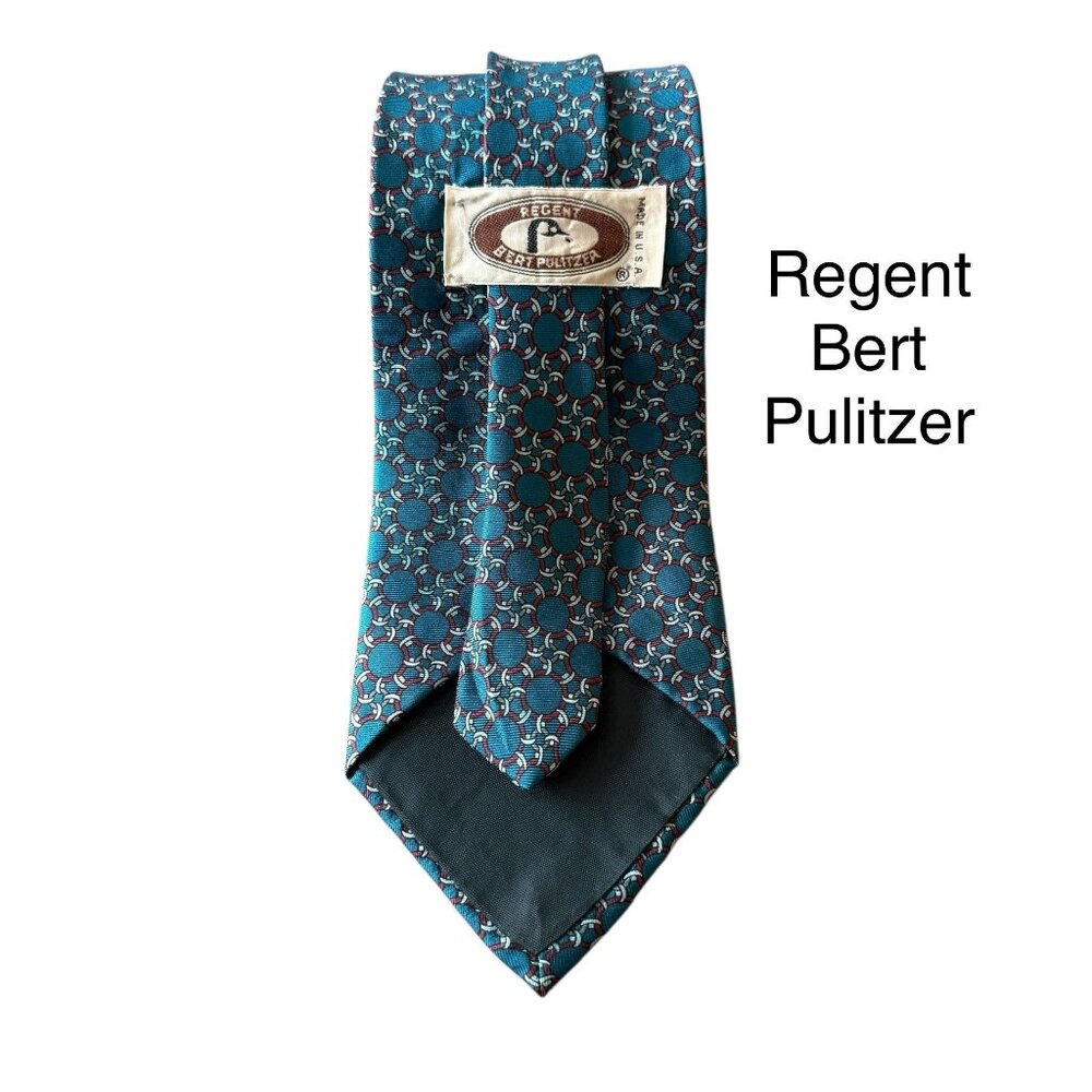 Regent Bert Pulitzer Vintage Mens Silk Tie Teal Geometric Pattern Made In USA